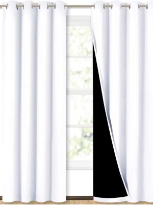 100% Blackout Window Curtain Panels, Cold and Full Light Blocking Drapes with Black Liner for Nursery, 84 inches Drop Thermal Insulated Draperies (White, 2 Pieces, 52 Wide Each Panel)