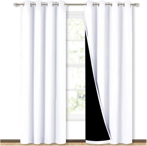 100% Blackout Window Curtain Panels, Cold and Full Light Blocking Drapes with Black Liner for Nursery, 84 inches Drop Thermal Insulated Draperies (White, 2 Pieces, 52 Wide Each Panel)