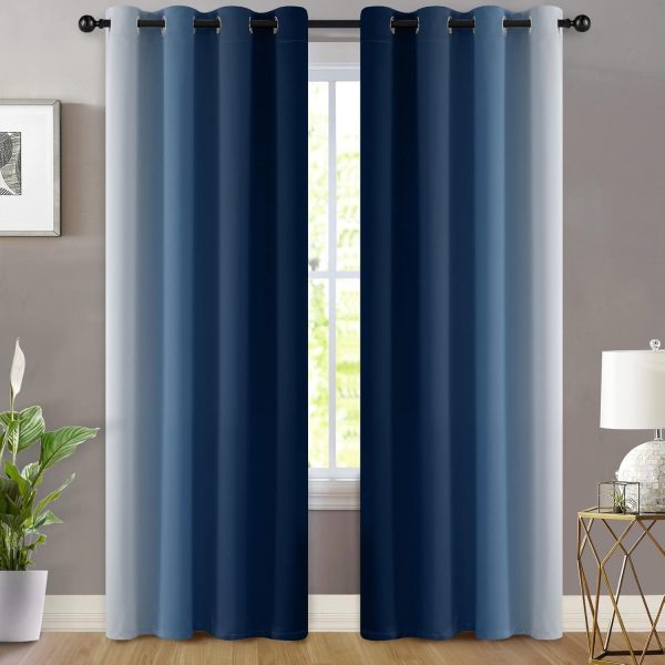 Blue and Greyish White Ombre Curtains, Room Darkening Gradient Color Curtains for Bedroom, Light Blocking Thermal Insulated Window Drapes for Living Room(2 Panels, 52x84 Inch)