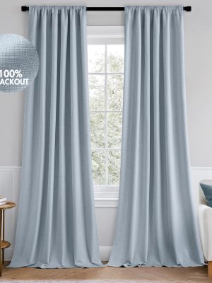 100% Blackout Curtains 84 Inch Long 2 Panels Set for Bedroom, Thick Faux Linen Black Out Curtain Room Darkening Back Tab Pleat Window Textured Drapes with Hooks for Living Room, Chambray Blue