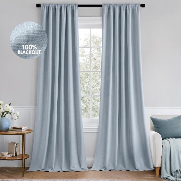 100% Blackout Curtains 84 Inch Long 2 Panels Set for Bedroom, Thick Faux Linen Black Out Curtain Room Darkening Back Tab Pleat Window Textured Drapes with Hooks for Living Room, Chambray Blue