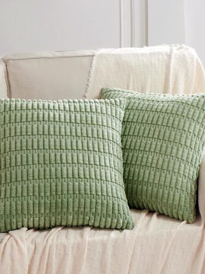 2 Packs Sage Green Decorative Throw Pillow Covers 18x18 Inch for Living Room Couch Bed Sofa, Soft Striped Corduroy Square Cushion Case 45x45 cm, Rustic Farmhouse Boho Home Decor