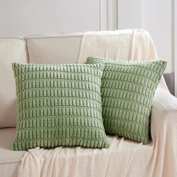 2 Packs Sage Green Decorative Throw Pillow Covers 18x18 Inch for Living Room Couch Bed Sofa, Soft Striped Corduroy Square Cushion Case 45x45 cm, Rustic Farmhouse Boho Home Decor