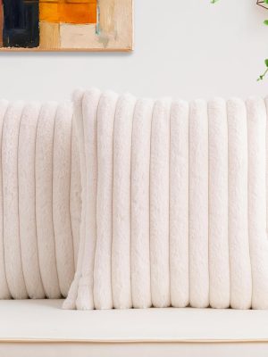 Pack of 2 Faux Fur Christmas Throw Pillow Covers 18x18 Inch, Soft Plush Striped Neutral Couch Pillow Cover, with Velvet Back Modern Home Decor for Sofa Living Room Couch Bed Cream White