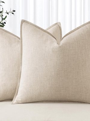 Decorative Linen Euro Sham Pillow Covers 24x24 Natural Beige Boho Farmhouse Neutral Couch Throw Pillows for Bed Pack of 2 Accent Modern Pillowcase Sofa Livingroom Home Decor