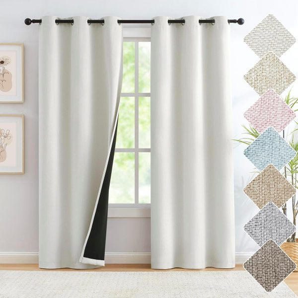 Cream White Linen Full Blackout Curtains for Bedroom Thermal Insulated Energy Saving Window Panels Farmhouse Burlap Texture Drapes for Living Room 2 Panels Set Grommet Top 40"x 84"x2