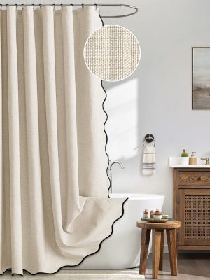 Beige Scalloped Shower Curtain Linen Textured with 12 Metal Hooks Cute Heavy Duty Washable Waterproof Neutral Thick Cloth Shower Curtains with Black Border for Bathroom Bathtub,W72*L72 Cream