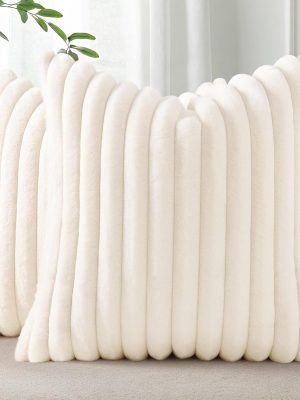 Faux Fur Plush Fall Throw Pillow Covers 18x18 Set of 2, Luxury Soft Fluffy Striped Decorative Pillow Covers for Sofa, Couch, Living Room, Cream White