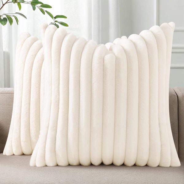 Faux Fur Plush Fall Throw Pillow Covers 18x18 Set of 2, Luxury Soft Fluffy Striped Decorative Pillow Covers for Sofa, Couch, Living Room, Cream White
