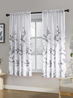Non-See-Through Light Grey and White Privacy Sheer Curtains 52 X 63 Inch Length 2 Panels, Leaf Floral Printed Light Filtering Semi Sheer Window Curtains Drapes for Bedroom Living Room