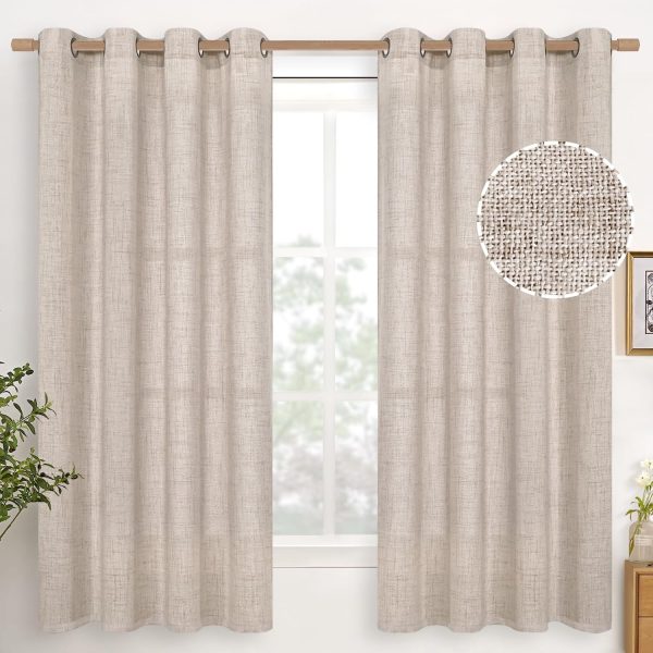 Linen Semi Sheer Curtains 63 Inch Length 2 Panels for Living Room - Light Filtering Drapes with Bronze Grommet Beige Window Treatments for Office Bedroom, 52 X 63 Inch
