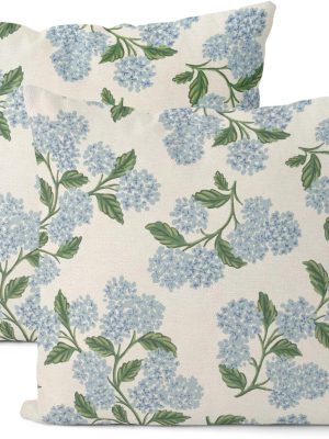 Spring Pillow Covers 18x18 Inch 2 Pcs Blue Green Hydrangea Flower Decor Throw Pillows Vintage Floral Seasonal Summer Outdoor Decoration Pillowcase Linen Cushion Cover for Couch Sofa