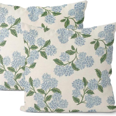 Spring Pillow Covers 18x18 Inch 2 Pcs Blue Green Hydrangea Flower Decor Throw Pillows Vintage Floral Seasonal Summer Outdoor Decoration Pillowcase Linen Cushion Cover for Couch Sofa