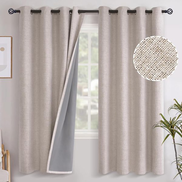 72 Inches Long Linen 100% Blackout Curtains for Bedroom, Beige Thermal Insulated Drapes with Grommet Room Darkening for Farmhouse Bedroom Window, 2 Panels, 52 X 72 Inch