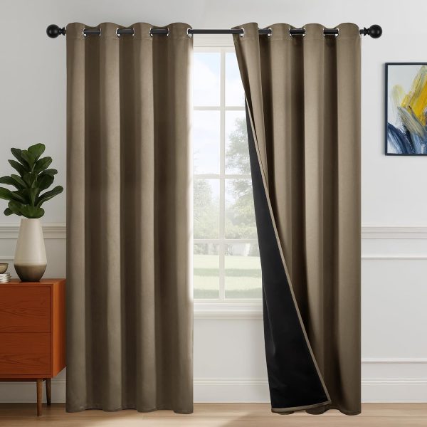 100% Blackout Curtains for Bedroom & Living Room, Grommet Drapes with Black Backing & Thermal Insulation, Khaki, 52W x 84L Inch, 2 Panels, Better Sleep, Privacy & Light Control