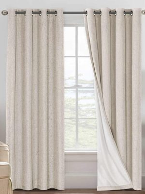Linen 100% Blackout Curtains for Bedroom Full Light Blocking Curtains, Textured Window Curtain for Living Room 84 inch Grommet, Energy Efficient Curtains White Liner(2 Panels, Natural)