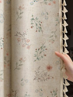 Boho Floral 100% Blackout Curtains for Bedroom 84 Inch Length 2 Panels Set, Linen Texture Farmhouse Curtains Beige Tassel for Living Room Vintage Rustic Patterned Printed Western Rod Pocket