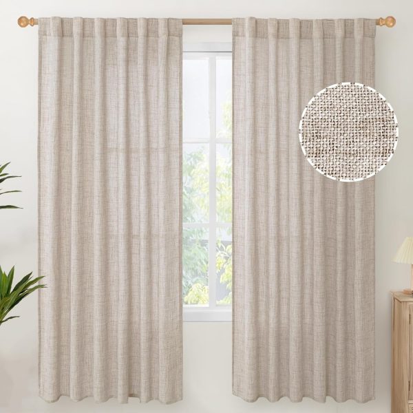 Linen Semi Sheer Curtains 72 Inch Length 2 Panels - Light Filtering Drapes with Rod Pocket Back Tab Rustic Beige Window Treatments for Living Room Dining Bedroom, 52 X 72 Inch