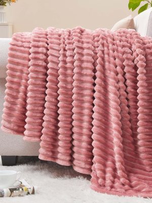 Fleece Throw Blanket for Couch – 3D Ribbed Jacquard Soft and Warm Decorative Fuzzy Blanket – Cozy, Fluffy, Plush Lightweight Pink Throw Blankets for Bed, Sofa, 50x60 inches
