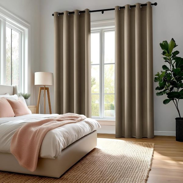 100% Blackout Curtains for Bedroom & Living Room, Grommet Drapes with Black Backing & Thermal Insulation, Khaki, 52W x 84L Inch, 2 Panels, Better Sleep, Privacy & Light Control