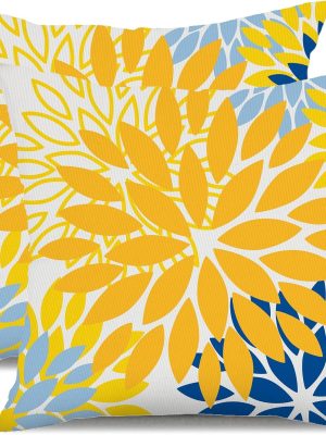 Yellow Blue Flower Pillow Covers 18x18 Inch Set of 2 White Gray Colored Throw Pillows Outdoor Waterproof Decor for Living Room Sofa Patio Funiture Garden Floral Polyester Pillow Covers 002J18