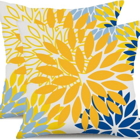 Yellow Blue Flower Pillow Covers 18x18 Inch Set of 2 White Gray Colored Throw Pillows Outdoor Waterproof Decor for Living Room Sofa Patio Funiture Garden Floral Polyester Pillow Covers 002J18
