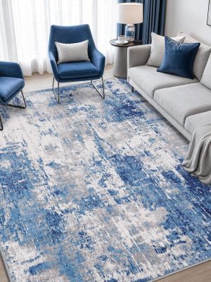 Washable Area Rugs 5'x7' Non-Slip Modern Abstract Soft for Living Room Entryway Bedroom Kitchen, Print Pattern, Blue Grey Navy Gray
