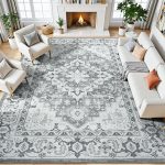 8 x 10 Area Rugs for Living Room- Machine Washable Area Rugs Boho Faux Wool Low Pile Area Rug for Bedroom, Floral Medallion Vintage Rugs with Non-Slip Rubber, Kid & Pet Friendly, Grey White