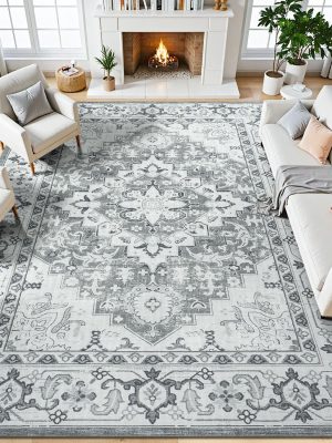 8 x 10 Area Rugs for Living Room- Machine Washable Area Rugs Boho Faux Wool Low Pile Area Rug for Bedroom, Floral Medallion Vintage Rugs with Non-Slip Rubber, Kid & Pet Friendly, Grey White