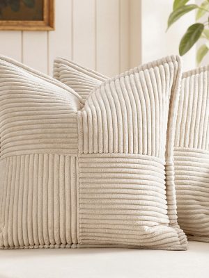 Decorative Throw Pillow Covers for Couch Bed Livingroom 18x18 Inch Set of 2 Beige Boho Accent Throw Broadside Striped Patchwork Soft Corduroy Pillowcases