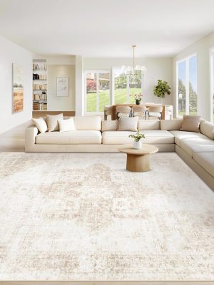 Area Rug 8x10 Washable Rug, Vintage Boho Medallion Rugs Non-Slip Soft Low Pile Large Distressed Rug Indoor Retro Carpet for Living Room Bedroom Dining Room Office Children's Room(Beige, 8'x10')