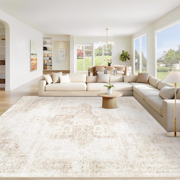 Area Rug 8x10 Washable Rug, Vintage Boho Medallion Rugs Non-Slip Soft Low Pile Large Distressed Rug Indoor Retro Carpet for Living Room Bedroom Dining Room Office Children's Room(Beige, 8'x10')
