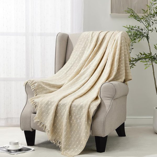 Faux Cashmere Fringe Throw Blanket Decorative Lightweight Throw Soft Cozy for Bed or Sofa Outdoor Blanket, Beige 50x60 inches