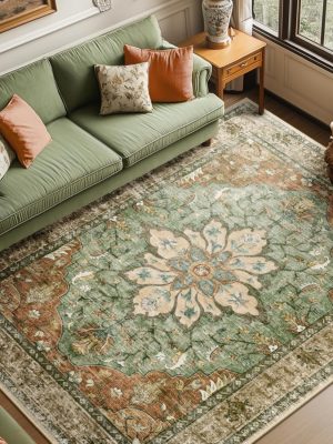 Area Rugs 8'x10' Washable Non-Slip, Floral Vintage Distress Medallion Carpet for Living Room Bedroom Dining Room, Terracotta Burnt Orange Green
