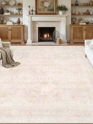 8x10 Area Rugs for Living Room: Vintage Boho Neutral Washable Rug Indoor Soft Large Area Rug Carpet for Bedroom Nursery Farmhouse Dining Room Office Floor Non-Slip Low Pile Under Table Rug Beige