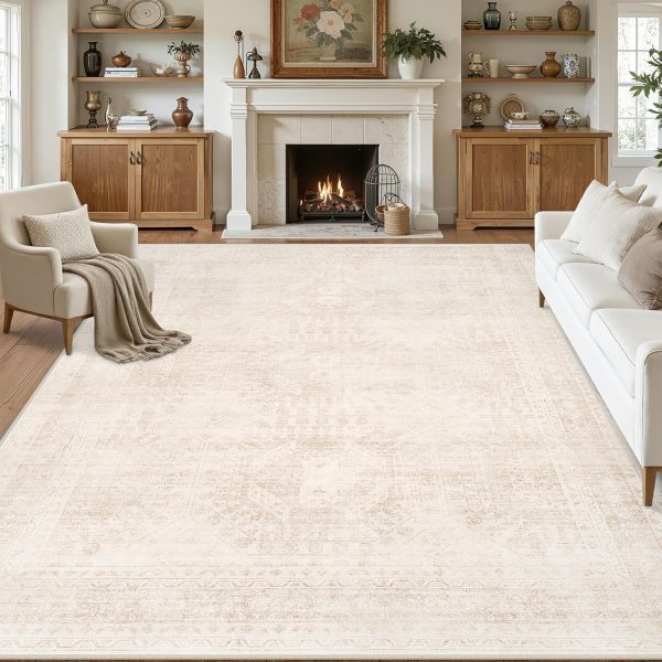 8x10 Area Rugs for Living Room: Vintage Boho Neutral Washable Rug Indoor Soft Large Area Rug Carpet for Bedroom Nursery Farmhouse Dining Room Office Floor Non-Slip Low Pile Under Table Rug Beige