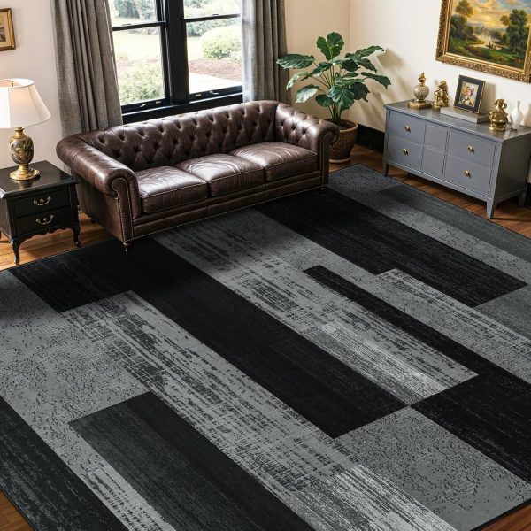8x10 Washable Area Rugs for Living Room and Bedroom, Vintage Checkered Pattern Non-Slip Carpet, Stain Resistant Low Pile Soft Rug for Dining Room,Office,Nursery,Kids Room(8x10,Gray)