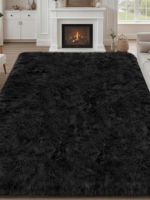 8x10 Area Rugs for Living Room Bedroom: Ultra Soft Fluffy Shag Rug Upgrade Non-Slip Non-Shedding Large Fuzzy Plush Carpet Indoor Floor Carpets for Kids Room Playroom Nursery Dorms Home Decor Black