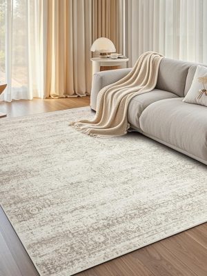 Washable Area Rug for Living, Bedroom & Dining Room, Ultra Soft Faux Wool Retro Large Carpet, Non-Slip/Shedding Low Pile Vintage Print for Home Office Decor, Beige Ivory Cream Brown Camel, 5x7
