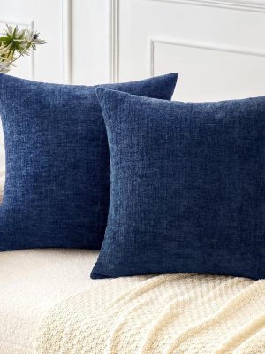 Pack of 2 Couch Throw Pillow Covers 18x18 Inch Spring Soft Navy Chenille Pillow Covers for Sofa Living Room Solid Dyed Pillow Cases
