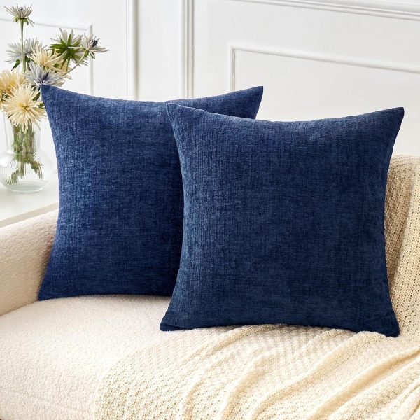 Pack of 2 Couch Throw Pillow Covers 18x18 Inch Spring Soft Navy Chenille Pillow Covers for Sofa Living Room Solid Dyed Pillow Cases