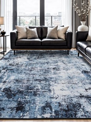 8x10 Area Rugs for Living Room, Washable Large Rug Stain-Resistant Low Pile, Modern Dark Carpet for Dining Room Home Office Kid Room Nursery Bedroom, Navy Blue/Black