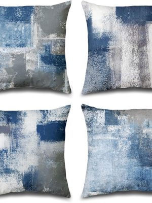 Set of 4 Blue and Grey Abstract Art Artwork Pillow Cover 18 x 18 Inch, Gallery Modern Decorative Throw Pillows Cushion Cover for Bedroom Sofa Living Room