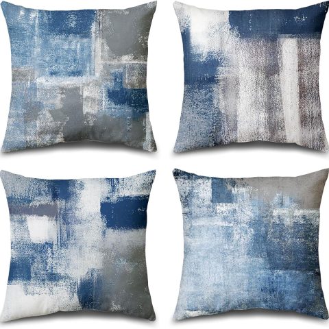 Set of 4 Blue and Grey Abstract Art Artwork Pillow Cover 18 x 18 Inch, Gallery Modern Decorative Throw Pillows Cushion Cover for Bedroom Sofa Living Room
