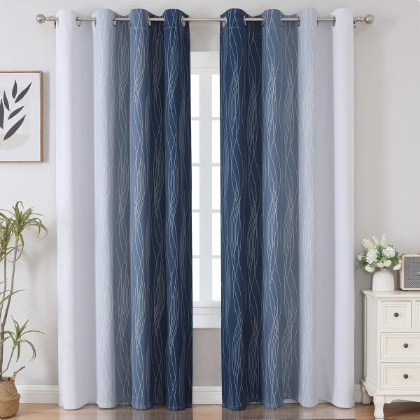 Navy Blue and Greyish White Blackout Curtains for Bedroom 84 Inches Long, Full Room Darkening Grommet Curtains for Living Room,Thermal Insulated Ombre Drapes,52Wx84L,2 Panels