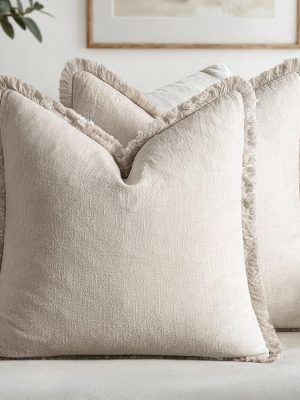 Decorative Throw Pillow Covers Neutral Linen Fringe Throw Pillows Set of 2 Natural Beige Boho Farmhouse Cushion Covers with Tassels for Couch Sofa Bed Spring Home Decor 20x20 Inch
