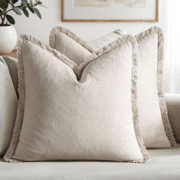 Decorative Throw Pillow Covers Neutral Linen Fringe Throw Pillows Set of 2 Natural Beige Boho Farmhouse Cushion Covers with Tassels for Couch Sofa Bed Spring Home Decor 20x20 Inch