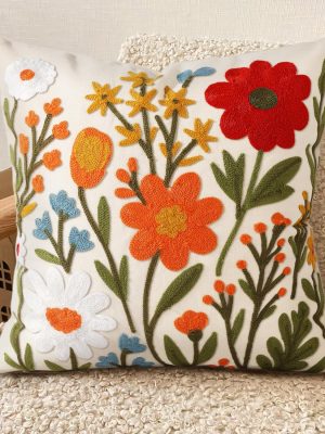 Embroidered Throw Pillow Cover 18x18 Inch - Spring Summer Boho Decorative Pillow Cover with Zipper for Living Room Couch Sofa Bed Aesthetic Design Flower Cluster Cushion Pillowcase