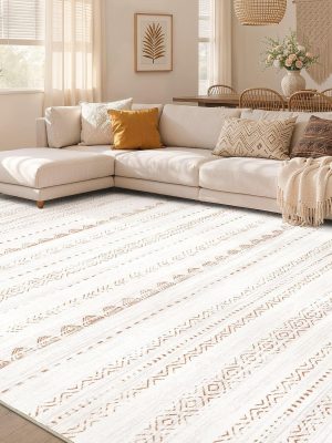 Area Rug Living Room Rugs: 5x7 Large Soft Machine Washable Boho Moroccan FarmNeutral Stain Resistant Indoor Floor Carpet for Bedroom Under Dining Table Home Office Decor-Cream Brown