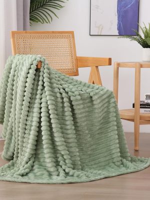 Sage Green Fleece Throw Blanket 50”×60” for Couch Sofa Bed,Super Soft Cozy Plush Microfiber Flannel Blanket with Stripes Design Lightweight for Adults,Woman,Girls